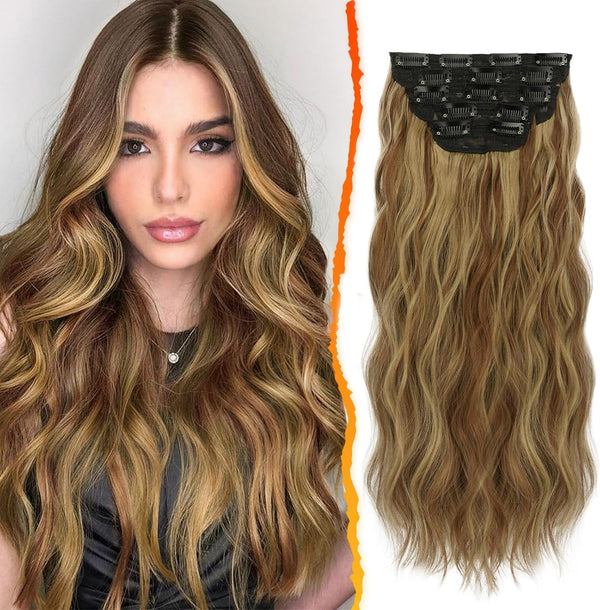 BARSDAR Clip in Hair Extensions, 5PCS Long Wavy Brown Balayage Clip in Hair Extensions