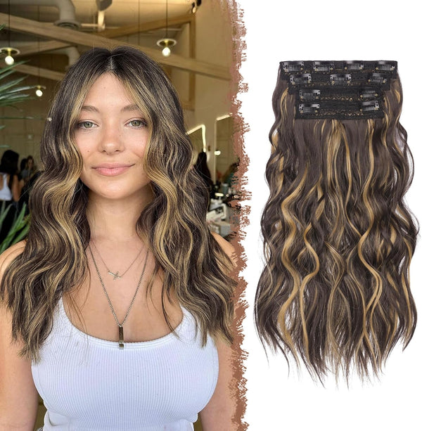 FESHFEN Clip in Hair Extensions 4PCs Long Wavy Thick Hair Piece