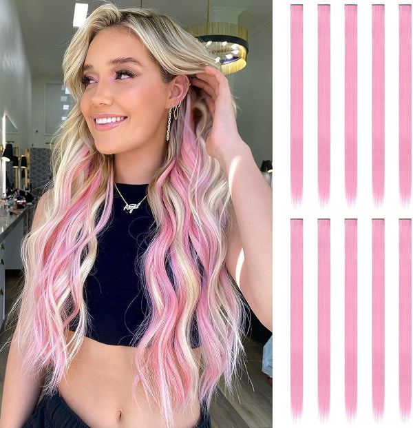 FESHFEN Coloured Clip in Hair Extensions, Pink 10 PCS