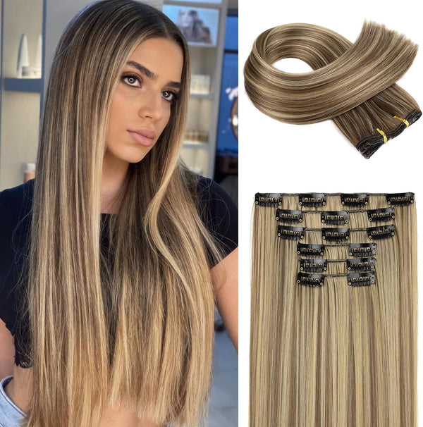 FLUFYMOOZ 6PC Clip in Hair Extensions 24" Straight Long Extensions for Women