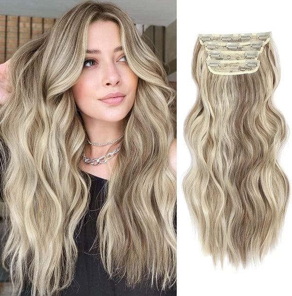 Fine Plus Hair Extensions Clip in 4PCS Sandy Blonde with White Highlights