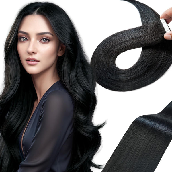 LieblichWelle Tape in Hair Extensions Human Hair Jet Black (16 in)