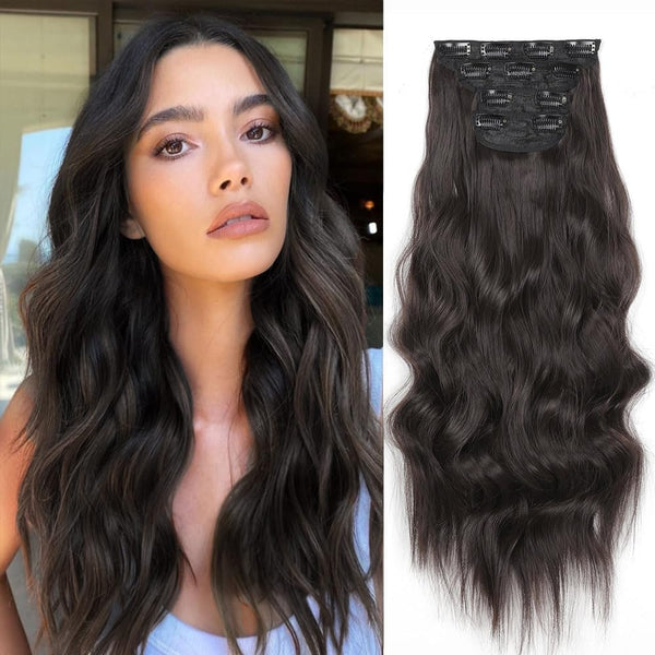 YDDM Natural Clip-in Hair Extensions Dark Brown Curly - 20 Inch Clip-in Hair Extensions 4 Pieces for Women